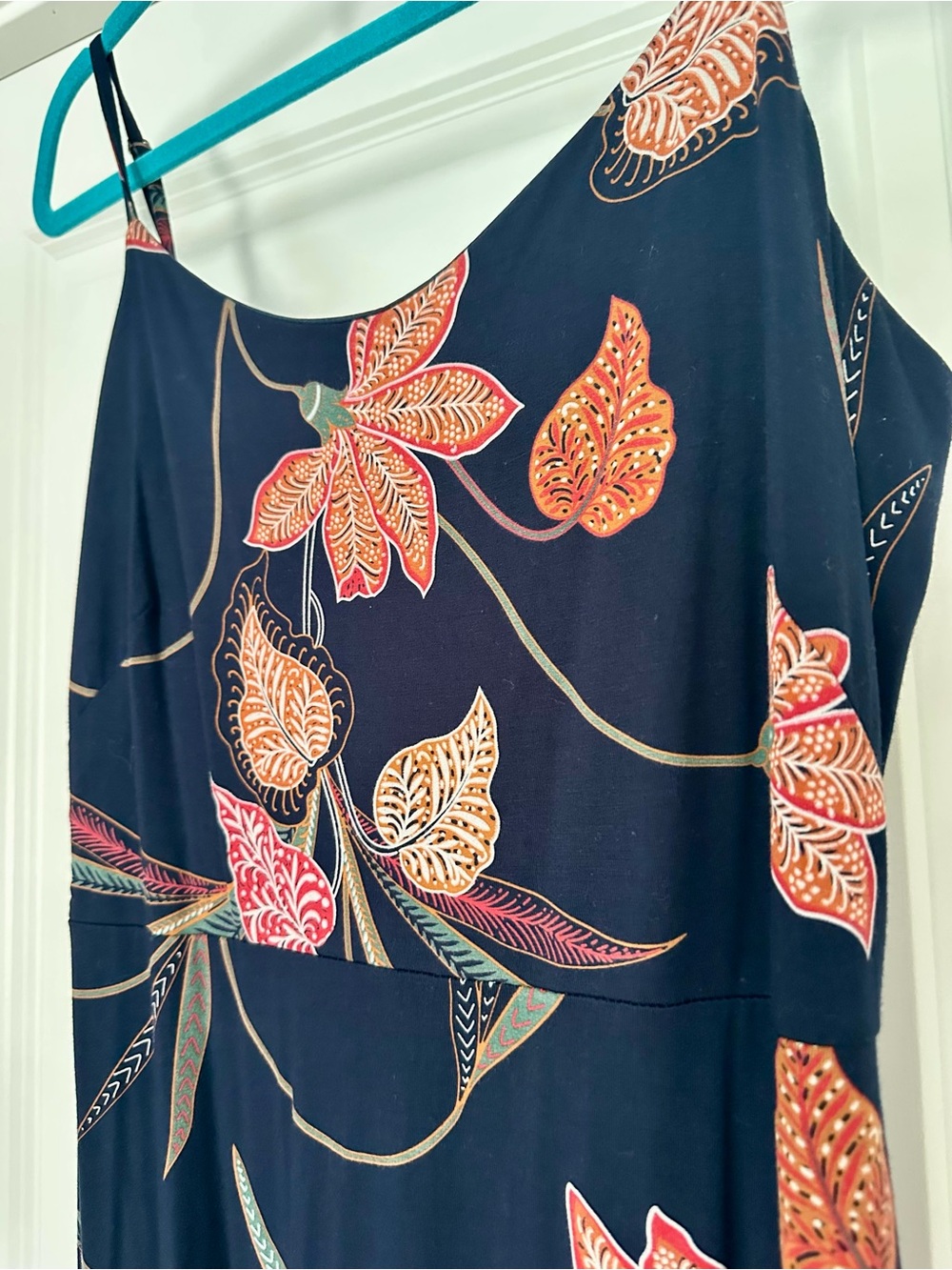 LOFT Navy Strapless Floral Maxi Dress with Red & Orange Accents